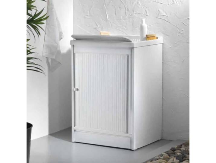 Meuble lavabo volet roulant PVC blanc 60x60 cm avec cuve en résine