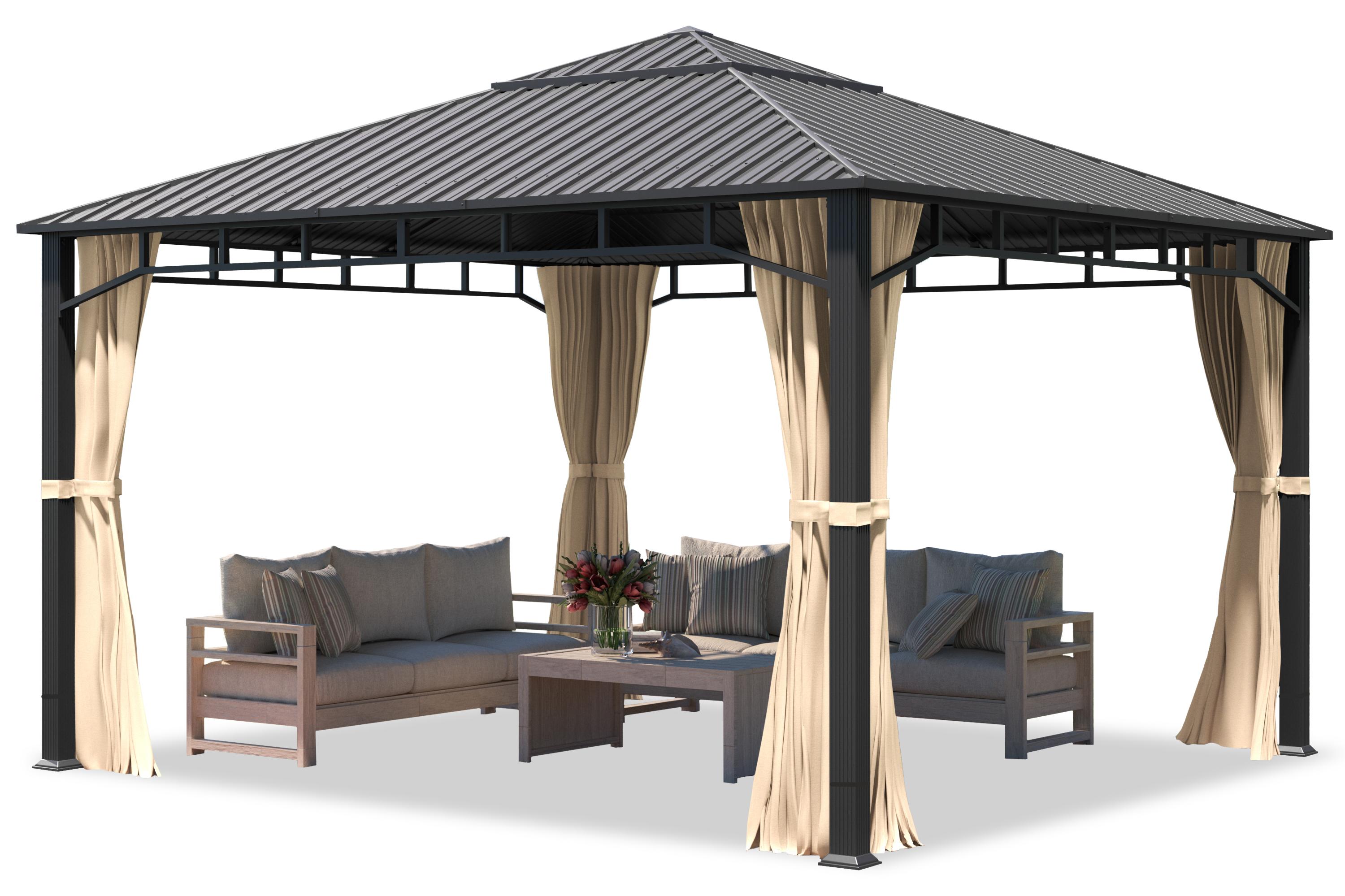 Gartenpavillon 4x4 m Stahldach Hardtop, 4 Seitenteile in Champagner, Pfosten 9x9 cm
