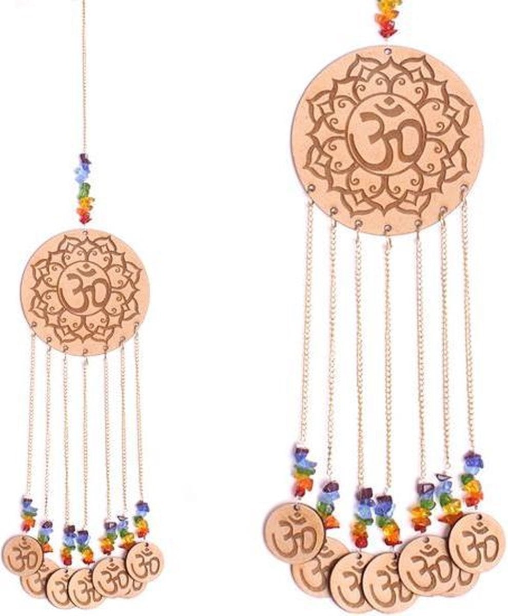 Feng Shui OHM decoratie hangend van hout, glas en messing, 40 x 8 cm