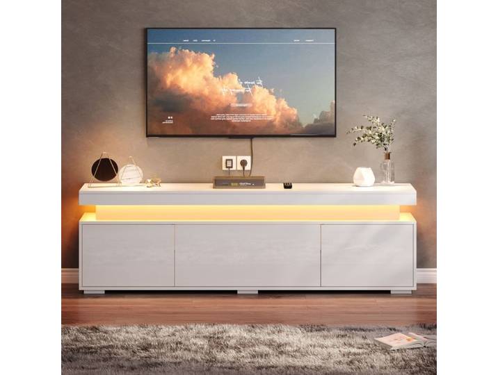 Armoire TV autoportante - Dimensions 150x35x43 cm - Blanc haute brillance - 3 portes 4 compartiments