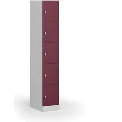 Schließfachschrank S1, 5 Fächer, 1850 x 300 x 500 mm, Drehverschluss, rote Tür