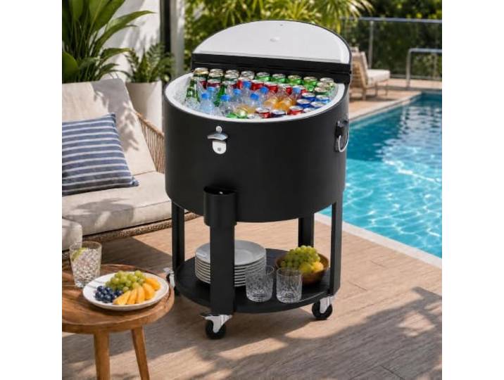 Sunjoy 57L Getränkekühlwagen auf Rädern, zylindrischer Getränkekühler mit Flaschenöffner und Ablage, Servierwagen für Terrasse, Pool, Bar, BBQ Partys
