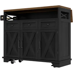 STILVORA Kücheninsel MDF Schwarz 118x43x98 cm mit Klappplatte, Rollen, Stauraum