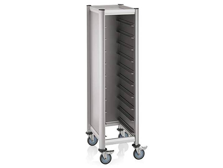 WAS 1955 537 Aluprofile mit MDF Seitenteilen EN Regalwagen für 10 Euronorm Tabletts, 4 Schwenkbare Rollen, 60cm Länge, 50cm Breite, 165cm Höhe