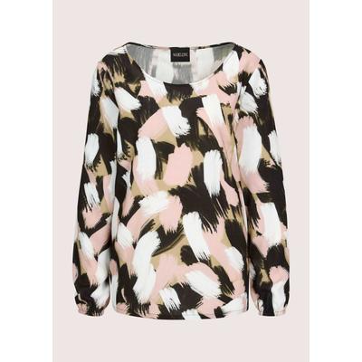 Schlupfbluse MADELEINE "Blusenshirt Viskosebluse mit Unikat-Print", Damen, Gr. 46, bunt (beige, schwarz, gemustert), Obermaterial: 100% Viskose CV., Modern, figurumspielend, Blusen Schlupfbluse, Unikat-Print