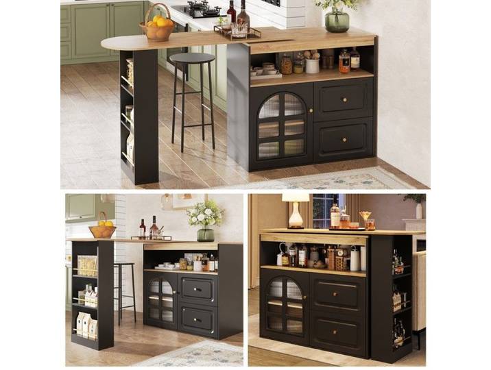 Buffet de cuisine extensible - Rotatif 360° - Extensible 138-204 cm - Noir mat - Porte verre trempé