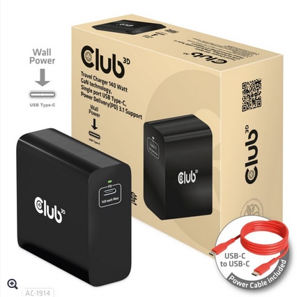 Club3D Club 3D Reise Ladegerät PPS 140W GAN, USB Typ-C Power Delivery (PD) 3.1 CAC-1914EU