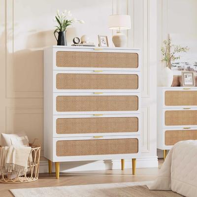 YUN Rattan 5 Drawer Tall Dresser for Bedroom, Large Chest with Deep Drawers and Wide Top for Closet or Hallway