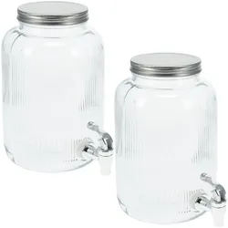 Excellent Houseware 2er-Set Getränkespender aus Glas mit Deckel, 4l, zylinderförmig, Getränkespender, Silber, Transparent