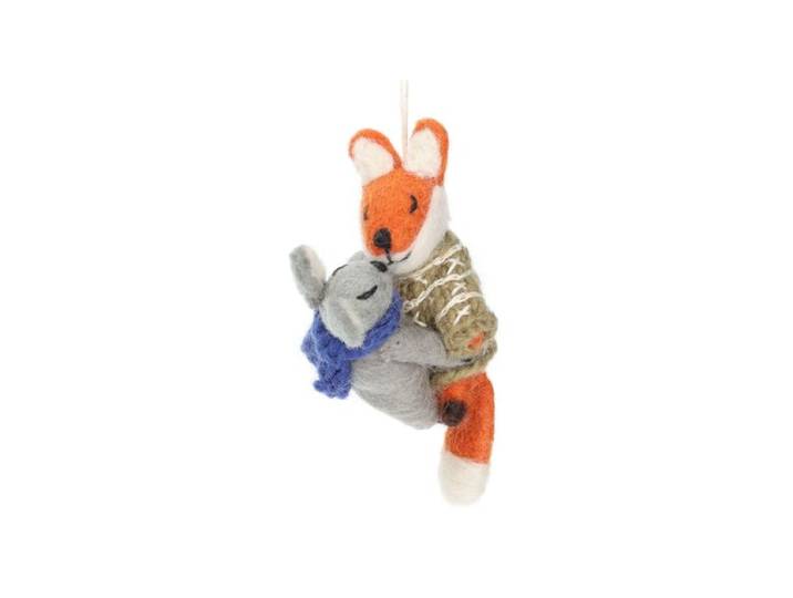 Kersthanger, knuffelende vos en muis, vilt