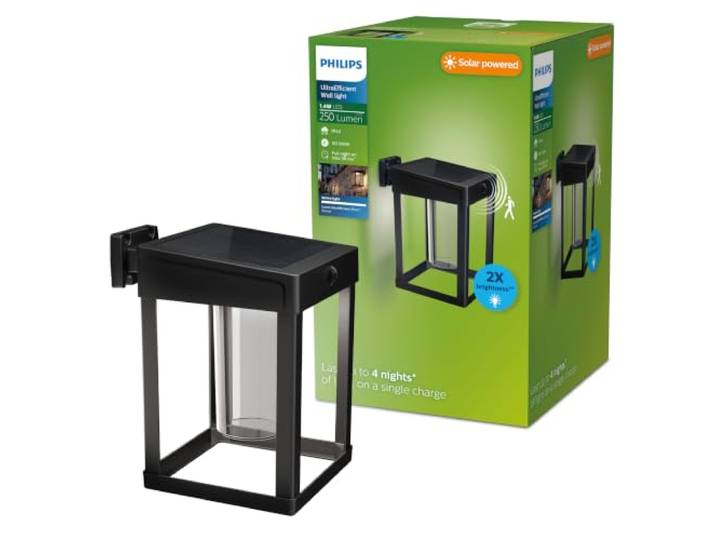 PHILIPS Outdoor Ultra-Efficient Solar Camill Wandleuchte 1,4W, Dual-Bright Sensor, eckig, klar, 3000 Kelvin, IP44 wetterfest, schwarz