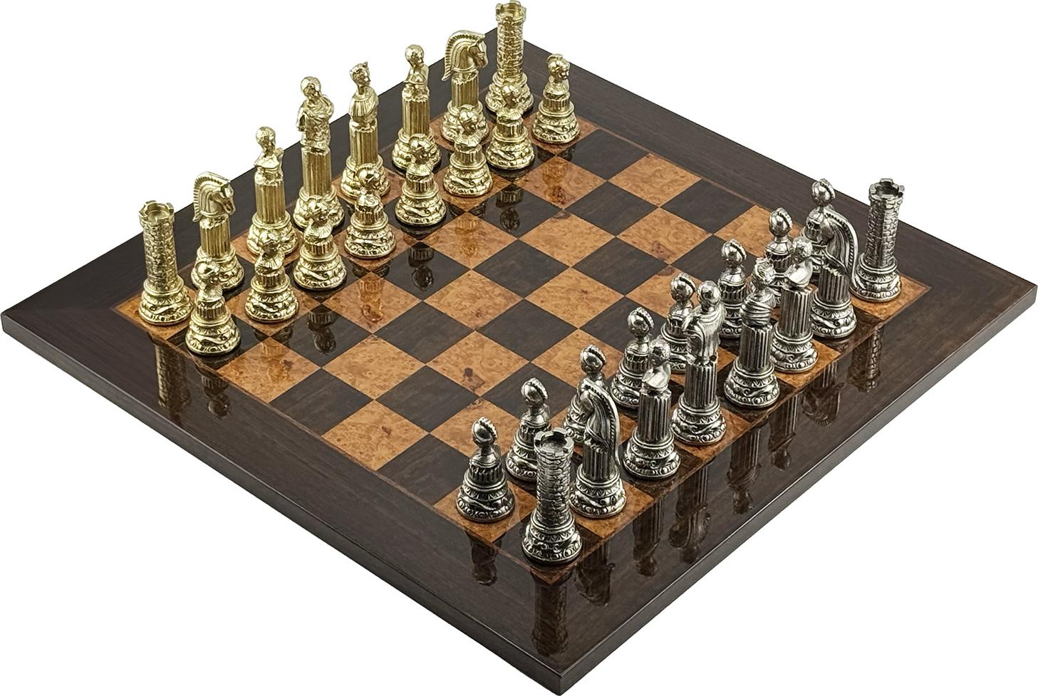 ITALFAMA LUXUS SCHACHSET: 'KÖNIG DER RÖMER' Metallfiguren + Handverlegtes Schachbrett 51 cm