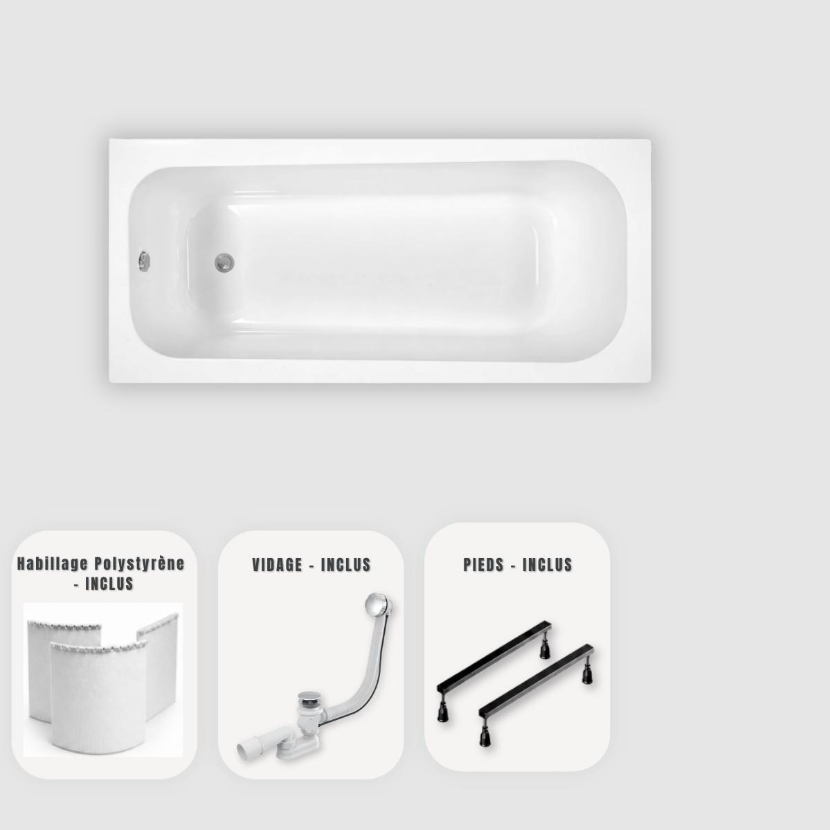 Weiße rechteckige Slim-Badewanne 170x70 cm - Verkleidung + Ablaufgarnitur Chrom + Füße - OPTIKA