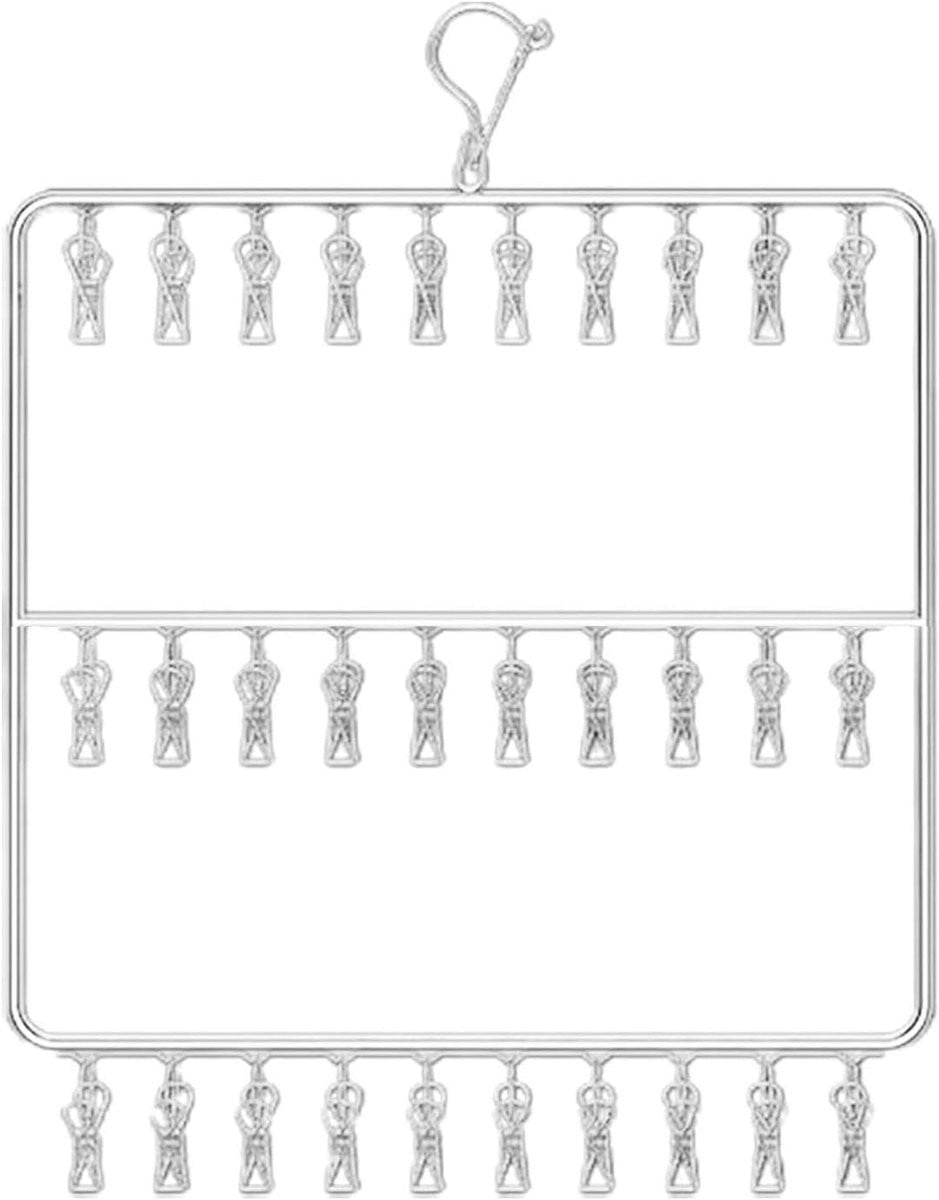 Zilverkleurige sokkenhanger met 30 clips van roestvrij staal