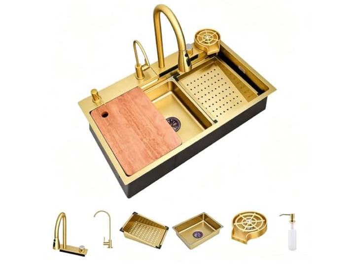 Goldfarben Eingebaut Küchenspüle 1 Becken Edelstahl Küchenspüle Multifunktionsarmatur Arbeitsplatte Glaswaschbecken Schnellablauf Für die Küche(75x45cm/29.5x17.7in)
