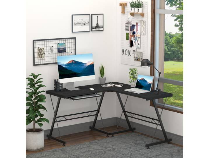 HOMCOM Bureau d'Angle Moderne Métal Noir Bois Veiné