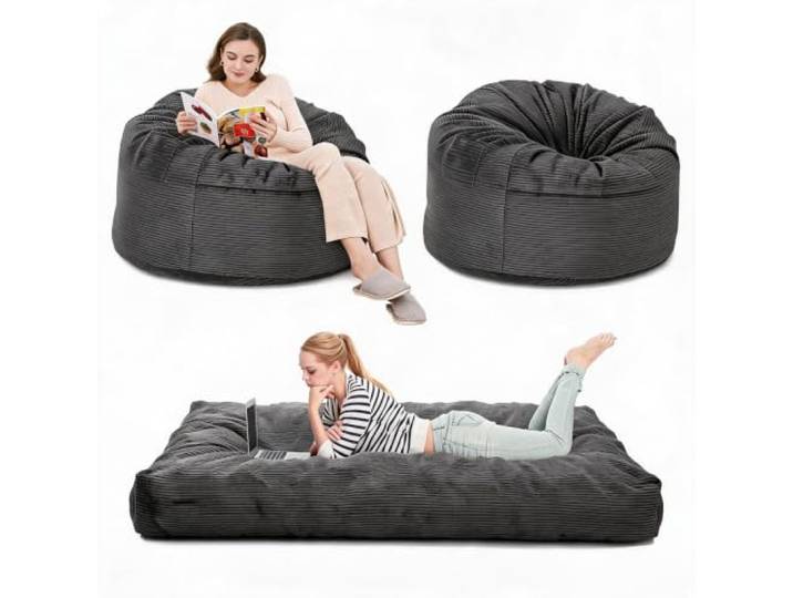 IDEALHOUSE 2-in-1 Sitzsack-Bett, Sitzsack-Sessel 200*150cm,Schaumstoff Sofa Sitzsack-Sofa mit Bettfunktion, Memory/Hochdichtschaum-Füllung, Cordbezug abnehmbar&maschinenwaschbar, Grau