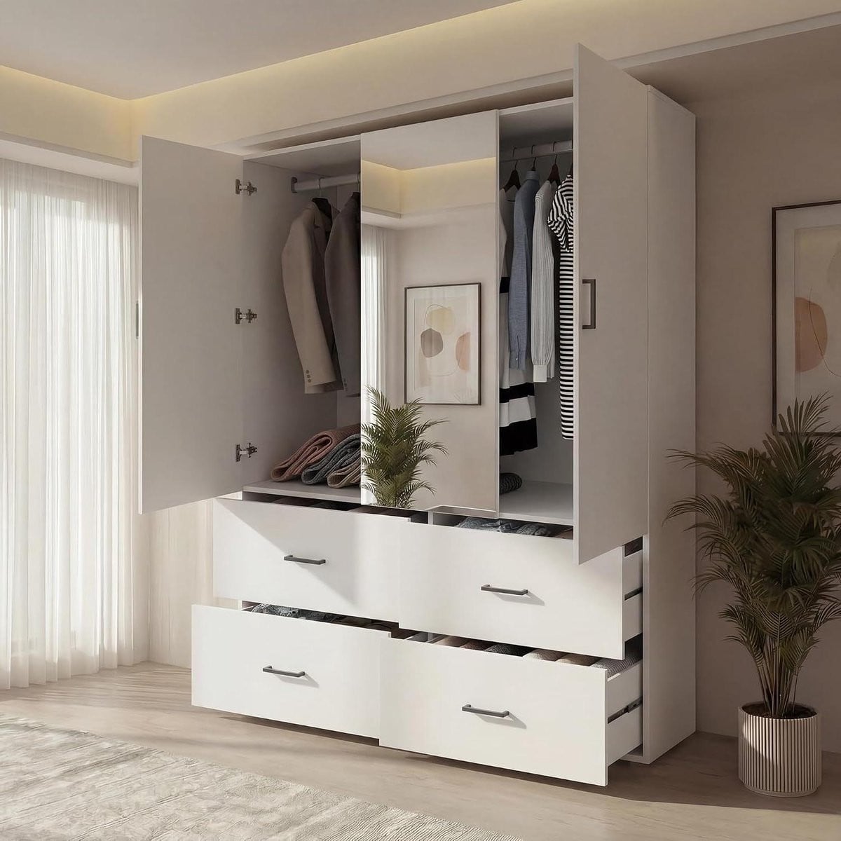 Witte kledingkast met spiegel en dubbele hangruimte, Breedte: 130 cm