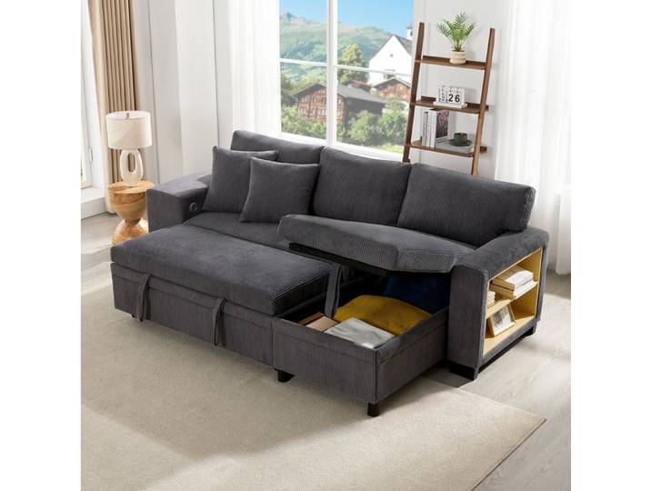 Canapé d'angle convertible 3 places avec couchage USB et rangement - BEAUNIV - étagère latérale tissu côtelé gris