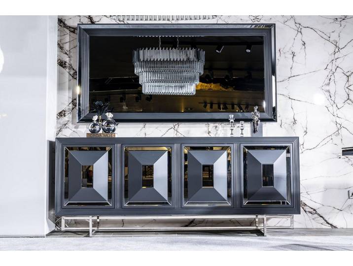 Xlmoebel Sideboard Elegante Kommode mit Spiegel in grauem Holz-Metall-Stil (Anrichte + Spiegel, Anrichte + Spiegel), Hergestellt in Europa
