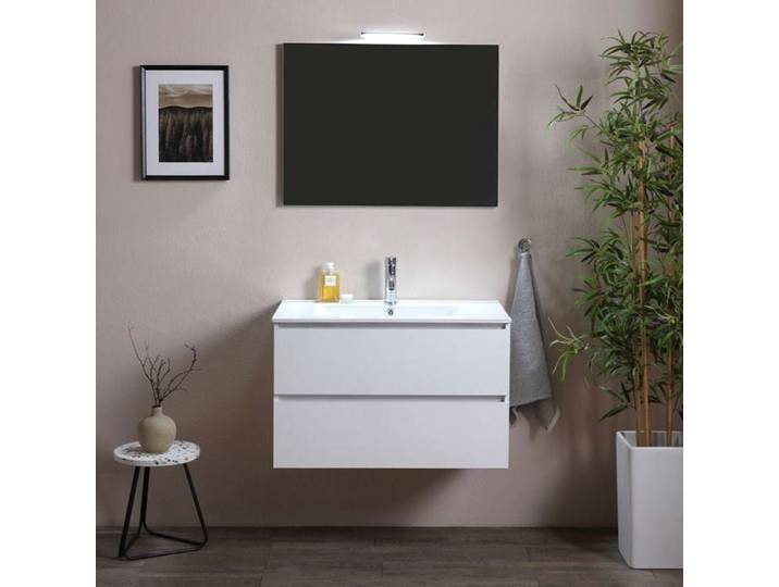 MEUBLE DE SALLE DE BAINS SUSPENDU 90 CM AVEC TIROIRS BLANC EFFET BOIS BERLIN