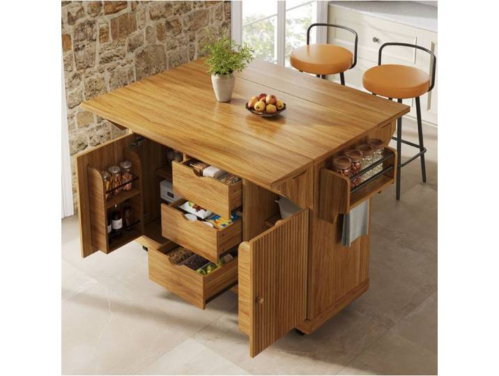 VUENOR îlot central mobile 142 5x80x95 cm marron foncé – plateaux rabattables