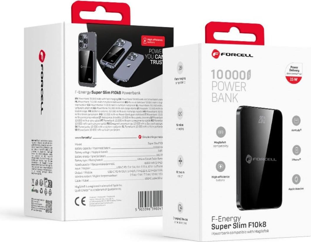 Forcell F-Energy SuperSlim F10K8 Powerbank compatibel met MagSafe, 10000 mAh, zwart