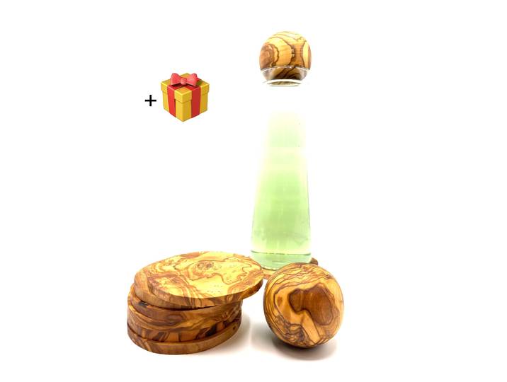 Flaschenuntersetzer OLIVENHOLZ-ERLEBEN Kugelverschluss für Karaffen Ø 8 cm plus 6x Untersetzer rund , braun, H:8cm Ø:8cm, Massivholz, Untersetzer, Flaschenuntersetzer, Tischschoner, Holzkugel, kratzfest, antibakteriell