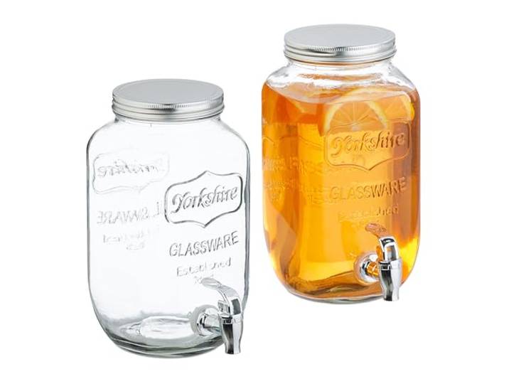 Relaxdays limonadetap, set van 2, 3,5 liter, met kraantje en deksel, drankdispenser, glas, kunststof, doorzichtig