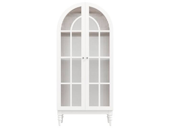 Vitrine haute 165 cm – 2 portes en verre strié 3 étagères blanc et aspect noyer