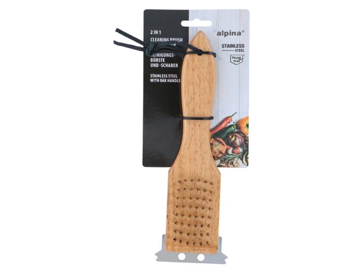 Alpina Brosse de nettoyage pour barbecue 2-en-1 en inox/chêne