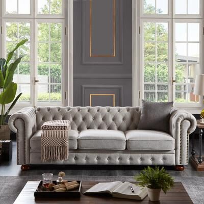 PRO_SELLERS 88 Inch Chesterfield Sofa with Soft Linen Fabric and Wood Legs Gray