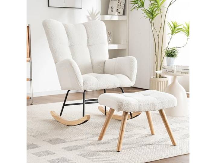 Merax Schaukelstuhl mit Hocker, Sessel Relaxsessel Schaukelsessel mit Hoher Rückenlehne & Armlehne, Gepolsterter Wohnzimmersessel Schwingsessel, für Schlafzimmer Balkon, Metallgestell, Bouclé, Weiß