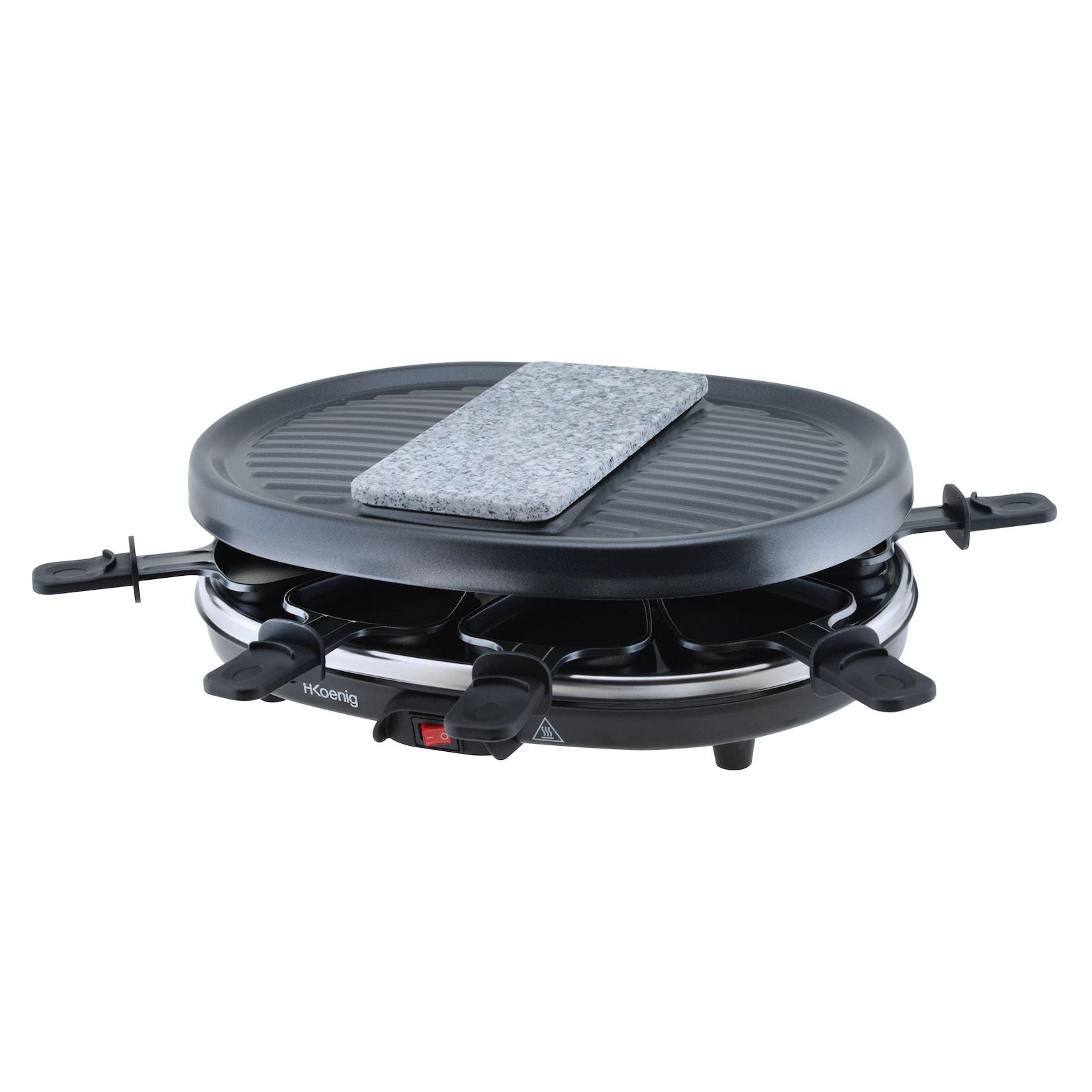 H.Koenig RP80 Raclette-Gerät / 8 Personen / Naturstein und Grillplatte / mit Pfännchen / 900 W / Schwarz
