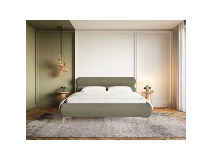 Lit tapissé - ROULE CORD - 160x200 - velours côtelé - olive - coffre - pieds dorés