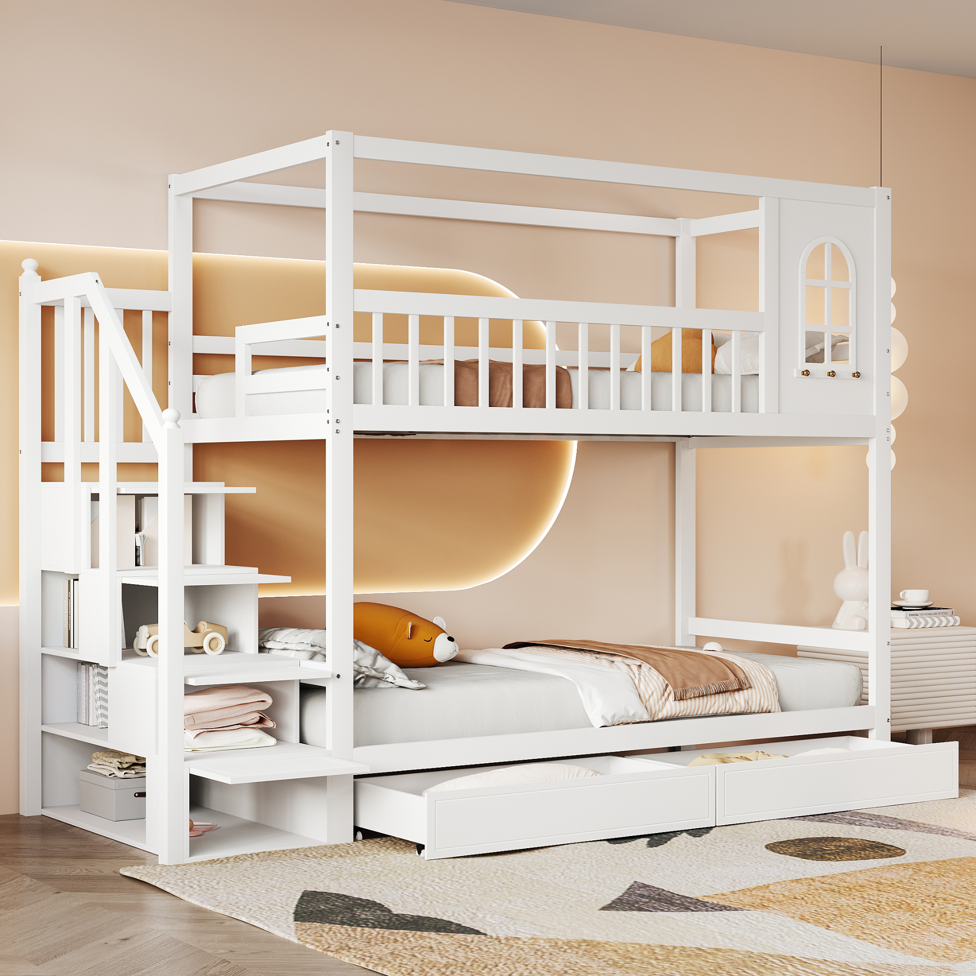 STILVORA Etagenbett 90x200 Stockbett mit Sicherheitszaun-Design,Jugend-Doppelbett mit Aufbewahrungsschubladen und Sicherheitsleiter,Weiß (Ohne Matratze)