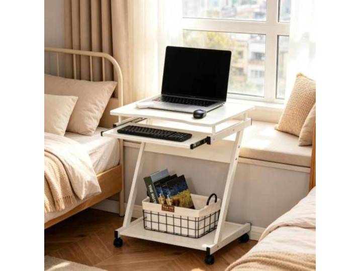 Bureau Informatique Mobile Blanc avec Roulettes Table Ordinateur Compacte avec Plateau Clavier et Rangement Bureau Maison