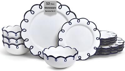 Sango Splash of Cheers 12-Piece Stoneware Dinnerware Set for 4-White with Navy Blue Scalloped Rims