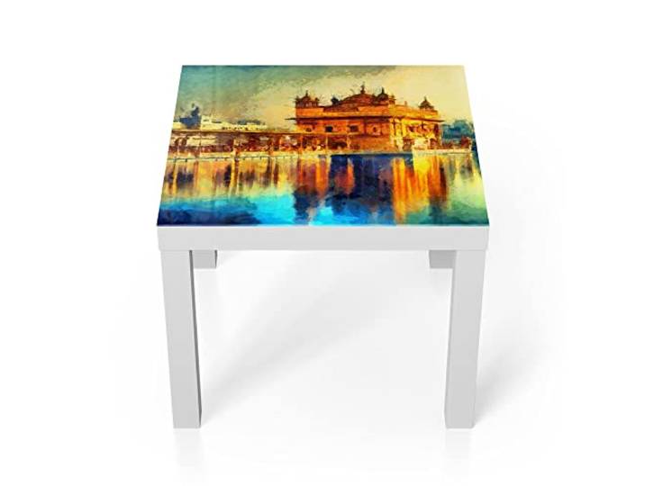 DEQORI Glastisch weiß klein 55x55 cm Motiv Hari Mandir Tempel ausgefallener Beistelltisch aus Glas Hochglanz Couchtisch fürs Wohnzimmer moderner Couch Tisch mit Design