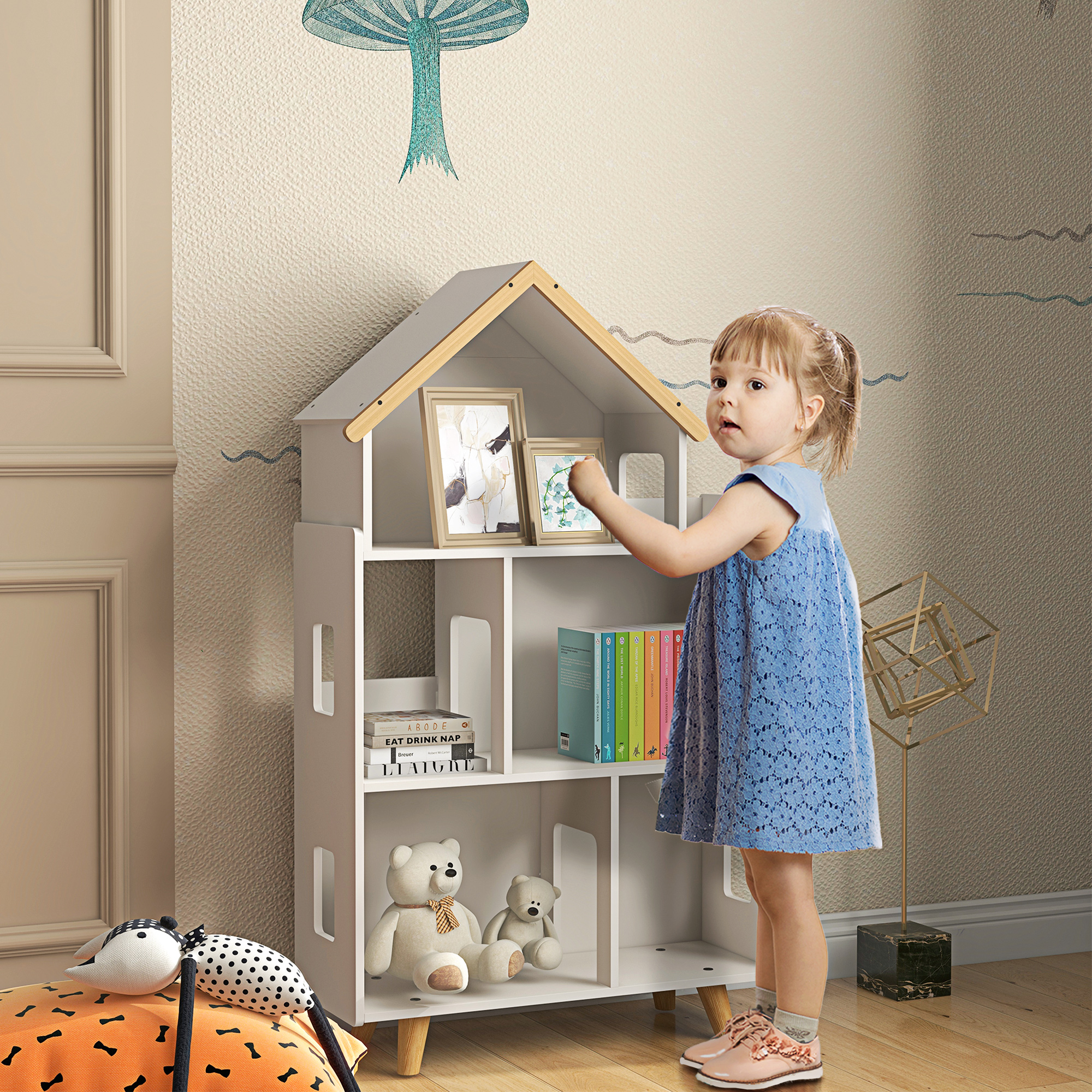 Zonekiz Libreria per Bambini 3-6 Anni a 3 Livelli per Libri e Giochi, in MDF e Legno di Pino, 65x25x108.5 cm, Bianco Aosom