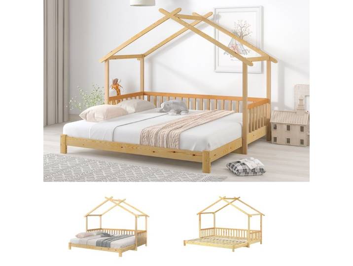 Lit enfant 90x200 cm Lit cabane extensible 180x200 cm cadre en bois massif Naturel