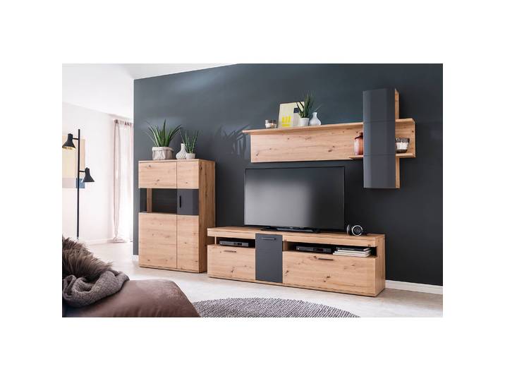 Wohnwand III 3-teilig Front: MDF Mitteldichte Holzfaserplatte , beschichtet Korpus: Spanplatte, beschichtet Rückwand: HDF Hochdichte