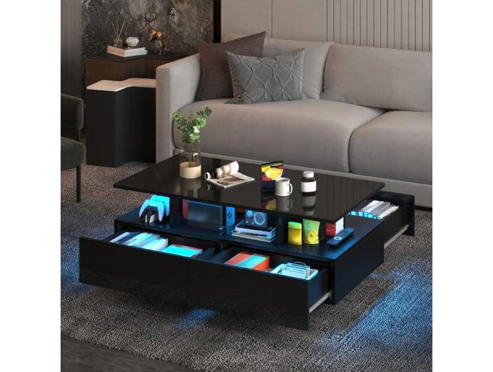 YITAHOME Table basse LED 16 couleurs - Bois moderne noir avec 4 tiroirs et étagère ouverte - 90x55x41cm - Salon