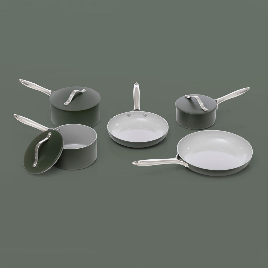 ProChef 5-Piece Ceramic Coated Green Aluminium Saucepan & Frying Pan Set, 5PCS Pressed Aluminium Saucepans Green 5