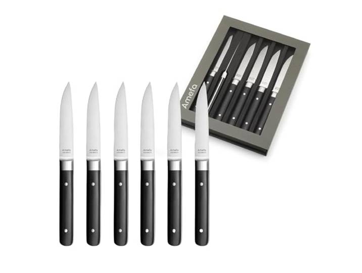 Amefa Fusion coffret 6 couteaux à steak 22 cm\, manche noir\, X50CrMoV15 Coffret 6 couteaux à steak 22 cm\, Manche noir\, Lame acier X50CrMoV15\, Lavage à la main recommandé