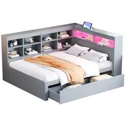 OKWISH Multifunktionales Doppelbett 140x200 Massivholz mit USB Steckdose LED Lichtleiste Regale Stauraum modern praktisch Grau
