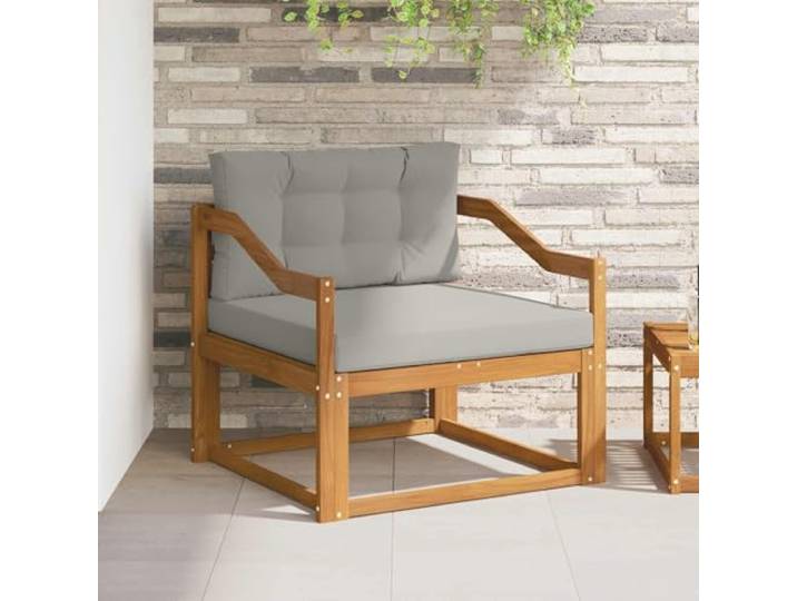 LPERTGFHU Mittelsofa Outdoor, Lounge-Sessel aus Akazienholz, Braun Wetterfestes Massivholz, Latten-Rücken Design, Inklusive grauer Sitzpolster