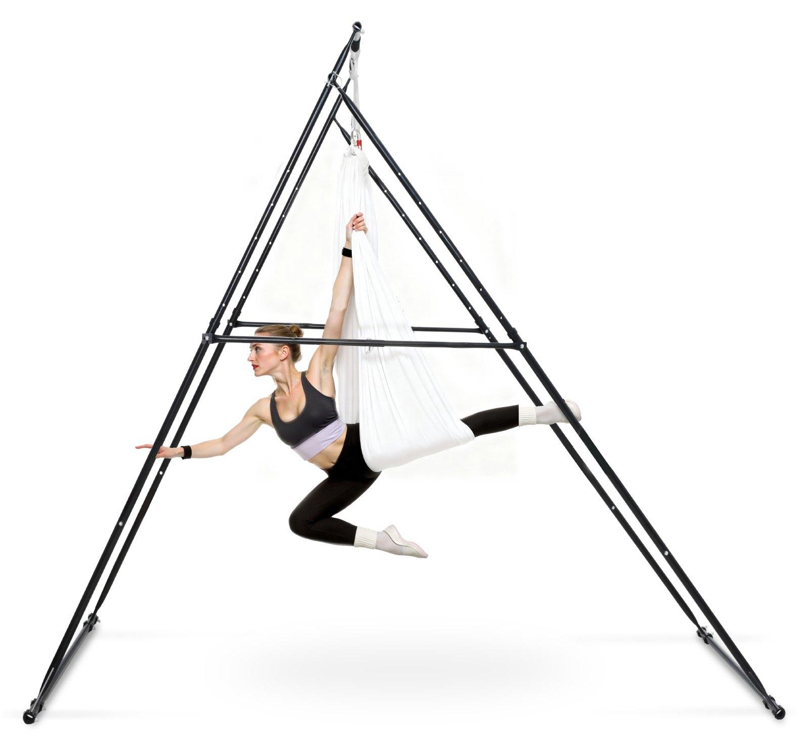 Aerial-Yoga-Gestell - Ständer mit 6 m Yoga-Hängematte - Max. 200 kg Tragkraft - Dreiecksrahmen - Verstellbar: 4-fach horizontal, 6-fach vertikal - EVA-Polster - Weiß