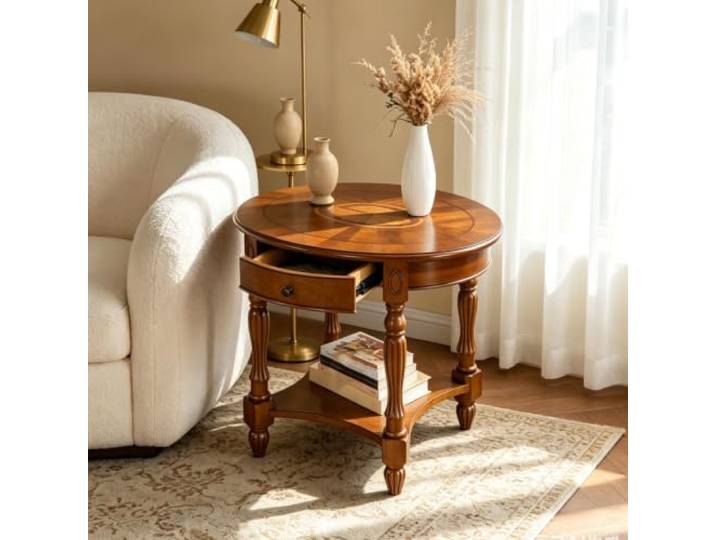 EBOYNSowAprr Luxuriöser ovaler Couchtisch aus handgeschnitztem Massivholz Couchtisch im amerikanischen Landhausstil mit Stauraumfach, Sichere abgerundete Kanten(Cherry,28.0x22.0x24.4 in)