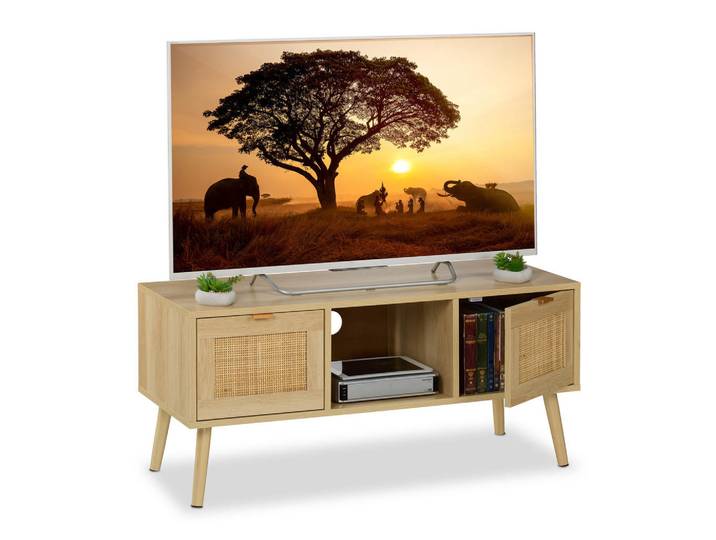 Relaxdays Tv-Lowboard Natur Rattan-Design, Hellbraun, Holz, Kunststoff, 1 Fächer, Rechteckig, 100x45.5x40 cm, Wohnzimmer, TV Möbel, Lowboards, Lowboards stehend
